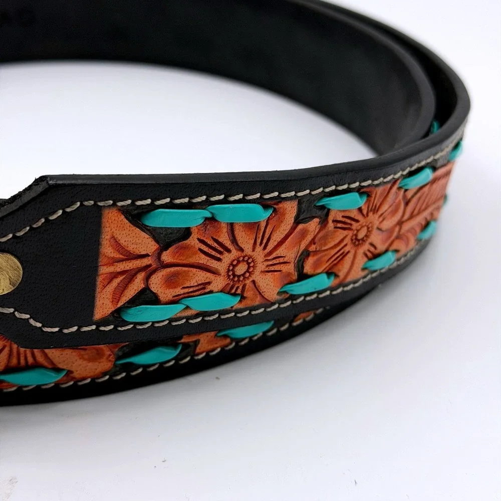 Myra Bag Floral Tooled Leather Handbag/Purse Strap Turquoise Whipstitch Black - Picture 3 of 8